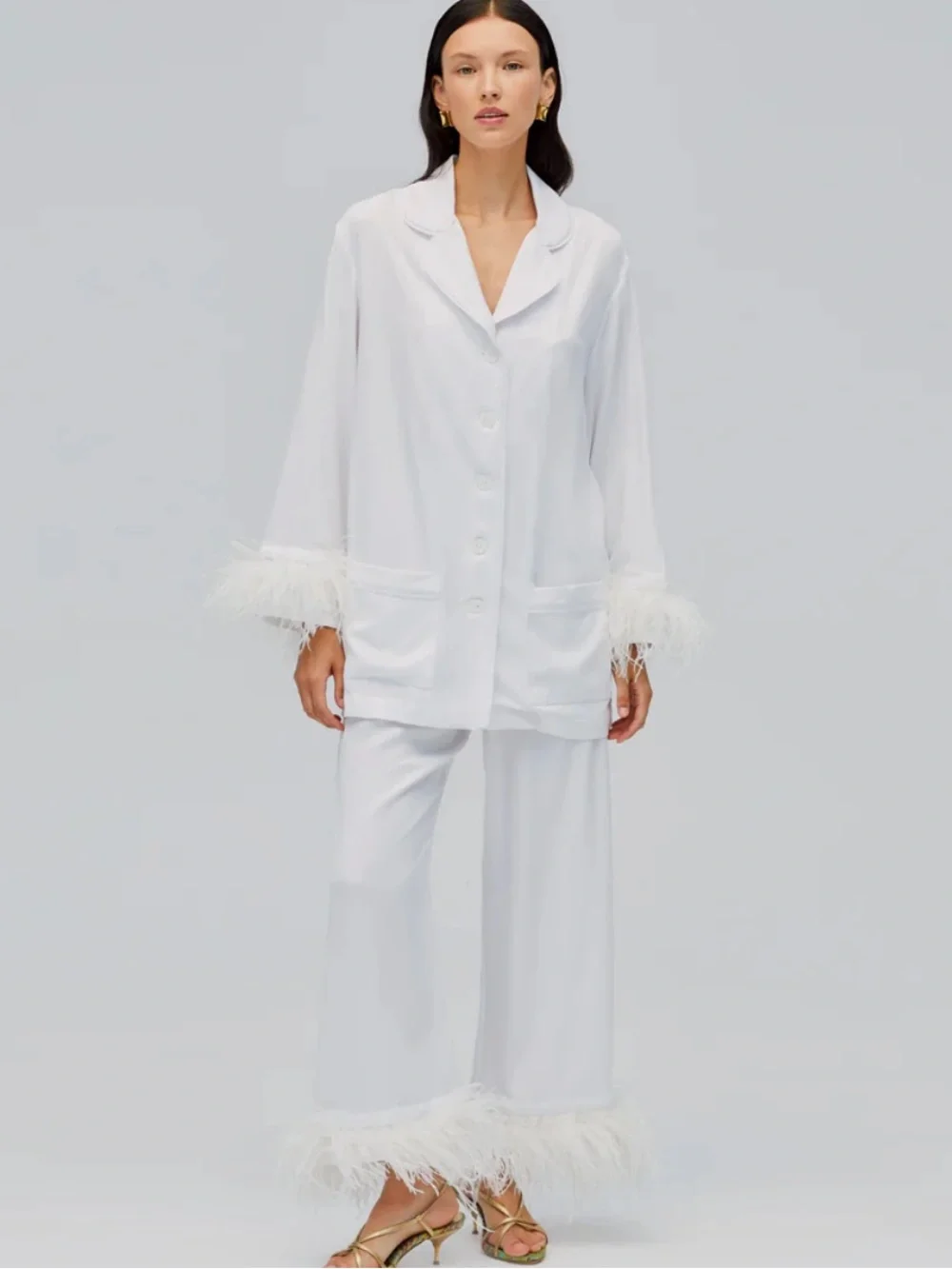 SLEEPER sz XS PRE-OWNED White Feather-Trim Button Pajama Set -FLAWED